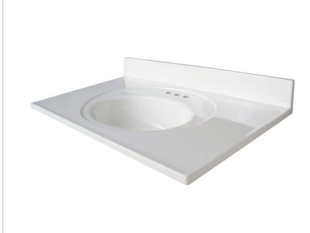 Lot 96-182113 - Glacier Bay Newport 37 in. W x 22 in. D Cultured Marble White Round Single Sink Vanity Top in White ...