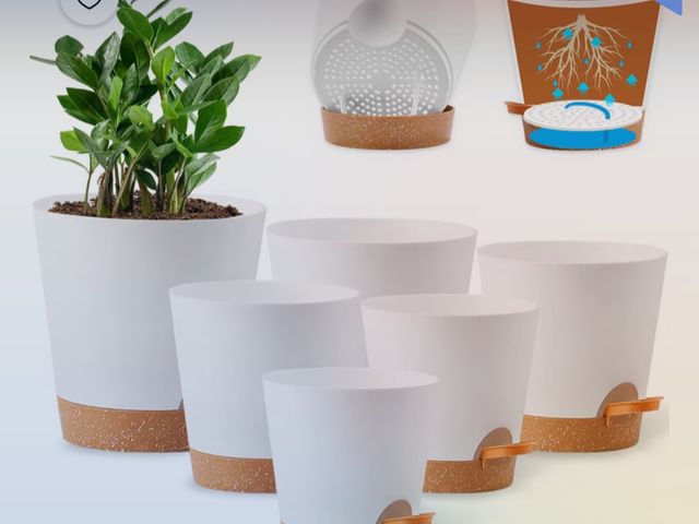 Lot 96-230544 - Remiawy 5 Pack Self Watering Plant Pots with Drainage Hole, 7/6.5/6/5.5/5 Inch Self Watering Planter...