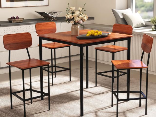 Lot 96-227173 - COSTWAY Dining Table Set for 4, Counter Height Table &amp; 4 Bar Stools, Walnut
5-Piece Square Kitch...