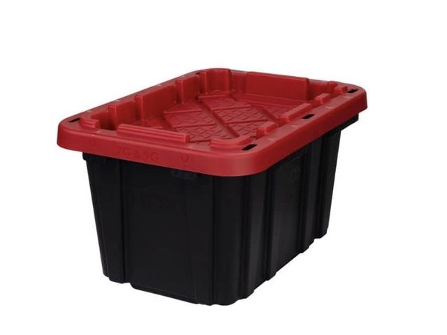 Lot 96-222365 - HDX 7 Gal. Tough Storage Tote in
Black with Red Lid New