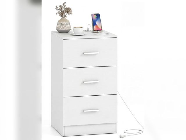 Lot 96-232676 - Nightstand with Charging Station, Wood Bedside Table(White,1) End Table with 2 AC Outlets, USB and T...