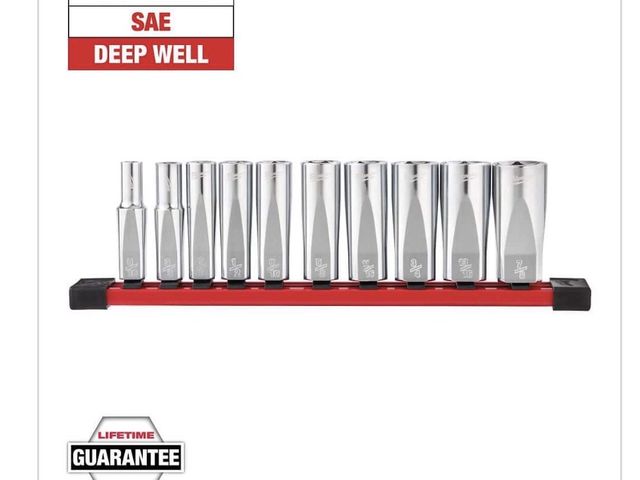 Lot 96-221895 - Milwaukee 3/8 in. Drive SAE Deep Well
6-Point Socket Set (10-Piece) New