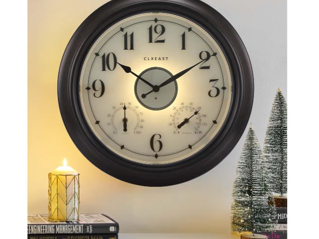Lot 96-211575 - CLXEAST Illuminated Indoor Outdoor Clocks Waterproof 18 inch with Smart Night Light Sensor,Large Wal...