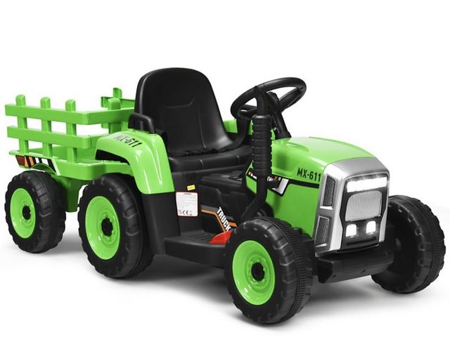 Lot 96-190149 - Costway 12V Kids Ride On Tractor with Trailer Ground Loader w/Remote Control
&amp;LED Lights Green
N...