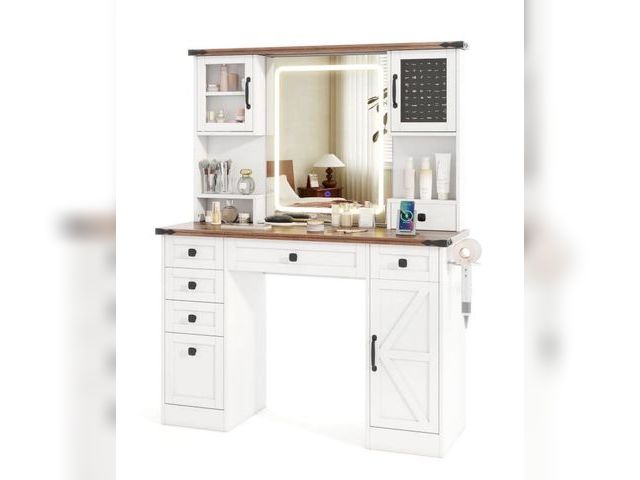 Lot 96-197327 - Farmhouse Vanity Desk with Lighted Mirror and 3 Doors Unused