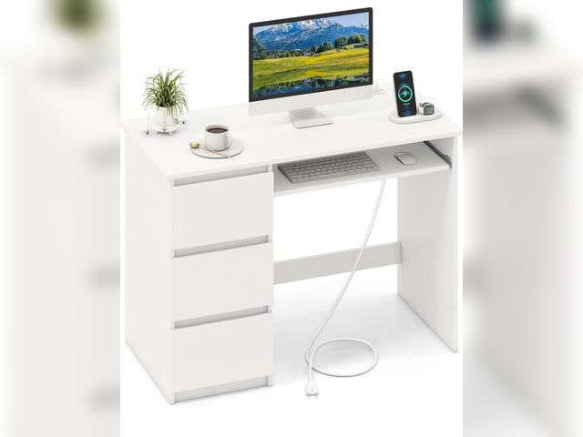 Lot 96-192283 - Computer Desk with 3 Drawers &amp; Charging Station, 42” Home Office Desk with Storage &amp; Keyboar...