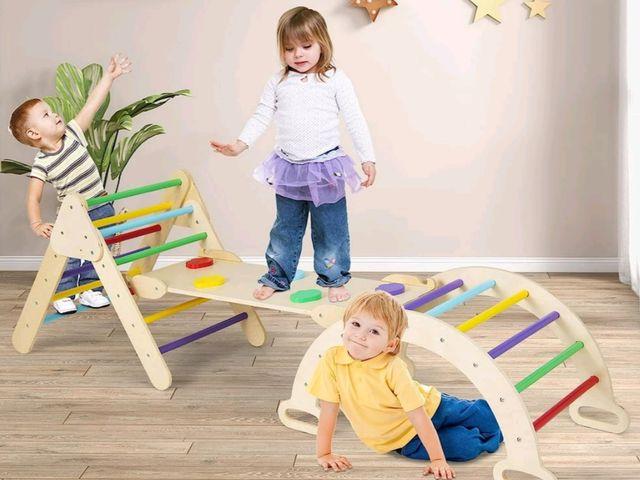 Lot 96-227553 - Climbing Triangle Set, Kids Wooden Montessori Climber Toy with Ramp Ladder Arch Slide for Gym Playgr...