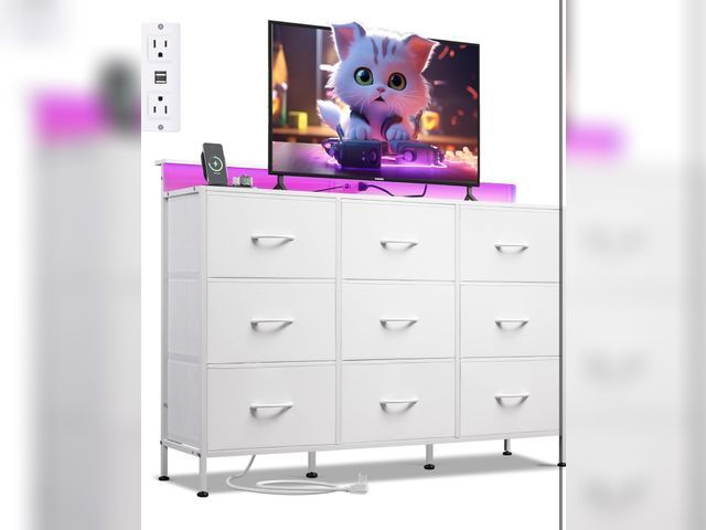 Lot 96-170541 - WLIVE White TV Stand for 45, 50, 55 inch TV, Entertainment Center with LED Lights &amp; Charging Sta...