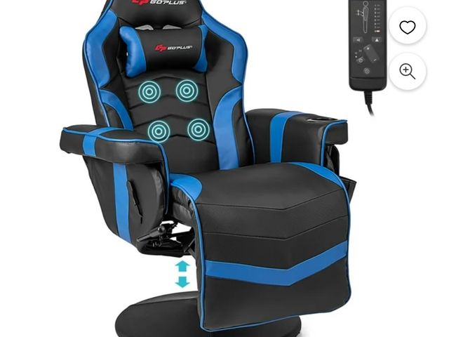 Lot 96-192255 - Goplus Massage Gaming Recliner Height Adjustable Racing Swivel Chair with Cup Holder Blue MSRP $359....
