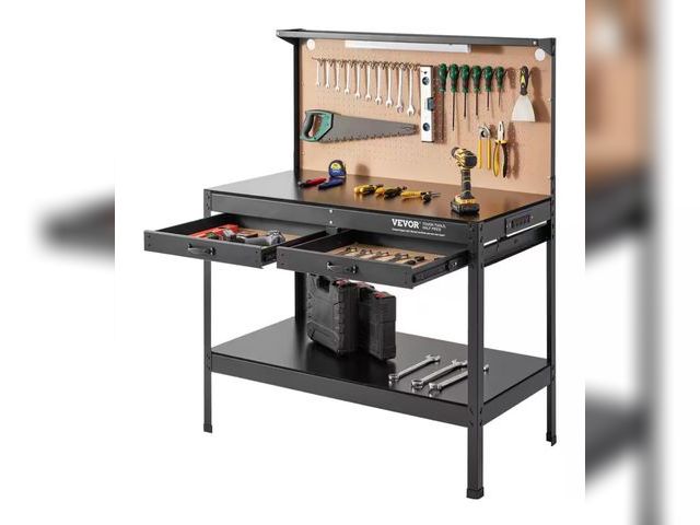Lot 96-165887 - VEVOR 47 in. W x 24 in. D Heavy Duty 2-Drawer Steel Workbench in Black 220 lbs. Load Capacity with P...