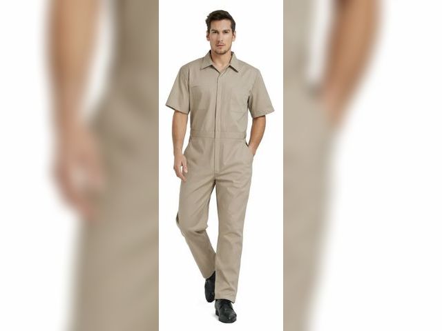 Lot 96-233055 - TOPTIE Men\'s Short-Sleeve Coverall Work Jumpsuit Lightweight with Zipper Front Elastic Waist, Khaki...