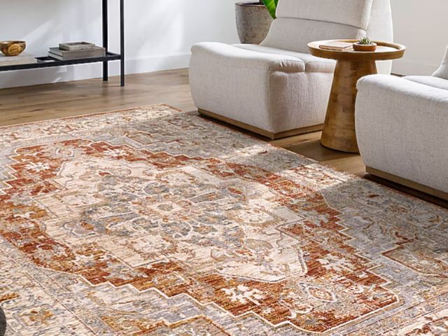 Lot 96-230887 - Area Floor Rug Orange Tones New exact size unknown, pattern varies from stock image.