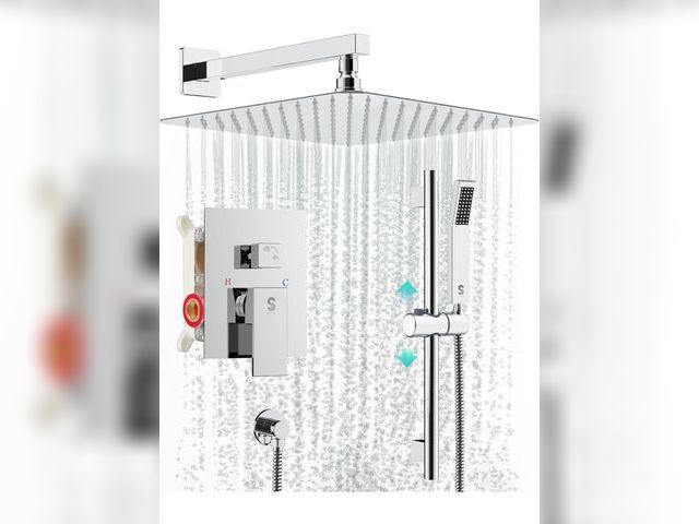 Lot 96-176389 - SR SUN RISE 10 Inch Square Shower Faucet, Adjustable 16-Inch Slide Bar Hand Held Shower with Hose, S...