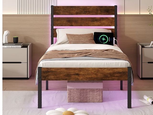 Lot 96-178675 - Twin Bed Frame with Headboard,Heavy Duty LED Bed Frame with USB Charging Station,Mattress Foundation...