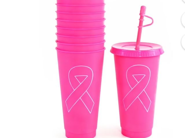 Lot 96-211593 - Tudomro 12 sets Breast Cancer Awareness Gifts Plastic Tumblers Reusable Cup with Lid and Pink Ribbon...