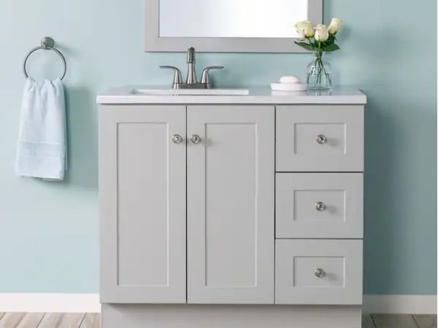 Lot 96-232442 - Glacier Bay Bannister 37 in. Single Sink Pearl Gray Bath Vanity with Granite-Look Colorpoint White C...
