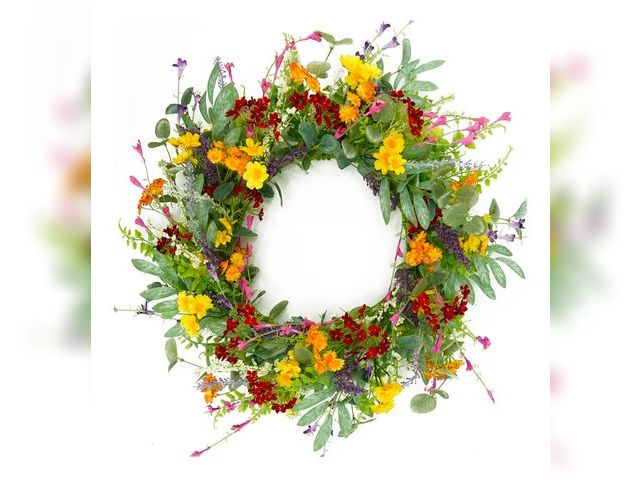 Lot 96-193799 - AMF0RESJ Artificial Spring Summer Wreath for Front Door Yellow Daisy Wreath with Olive Leaf,Eucalypt...