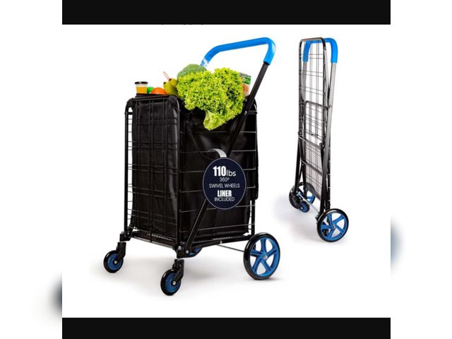 Lot 96-187622 - SereneLife Large Folding Utility Shopping Cart with Removable Liner – Heavy Duty, 360° Swivel Wheels...