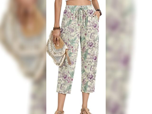 Lot 96-233084 - Fantaslook Womens Capri Pants Drawstring Casual Palazzo Trousers with Pockets Loose Floral Lounge Pa...
