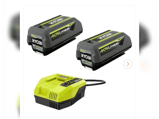 Lot 96-160037 - RYOBI
40V Lithium-Ion (2) 4.0 Ah Battery/4A Fast Charger Starter Kit new MSRP $299