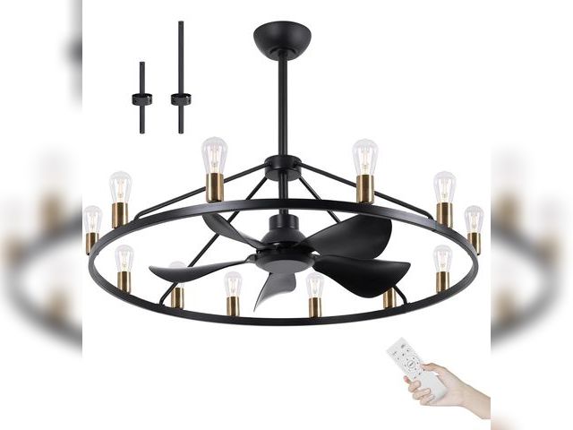 Lot 96-168725 - 44" Large Ceiling Fans with Lights Wagon Wheel Chandelier Black, Farmhouse Fandelier Dining Room Lig...