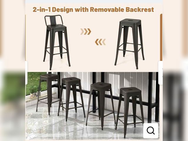 Lot 96-226838 - Costway Set of 4 Metal Bar Stools 76 cm with Removable Backrest MSRP $142.99 New