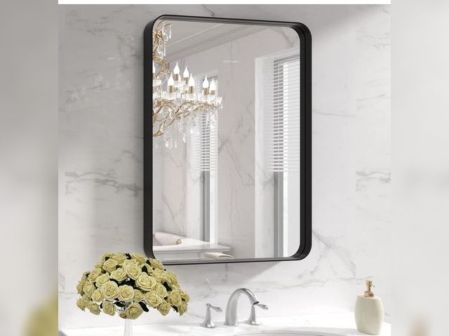 Lot 96-211470 - LOAAO Black Metal Framed Bathroom Mirror for Wall, 22X30 Inch Rounded Rectangle Mirror, Matte Black ...