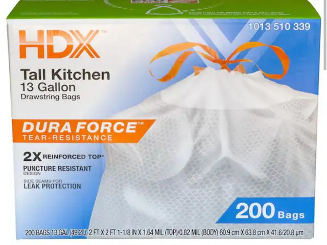 Lot 96-190532 - HDX 
13 Gallon Reinforced Top Drawstring Unscented Kitchen Tall Trash Bags with 20% PCR (200-Count) ...