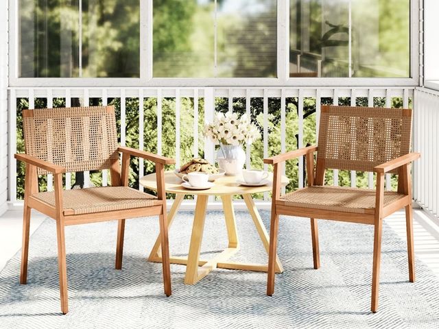 Lot 96-227425 - Acacia Wood Outdoor Dining Chairs Set of 2 PE Rattan Patio Chairs with Backrests and Armrests
New
MS...