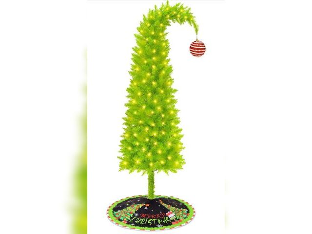 Lot 96-190371 - Christmas Tree 6FT, Whimsical Bendable Artificial Tree, Lime Green Design with Tree Skirt &amp; Red ...