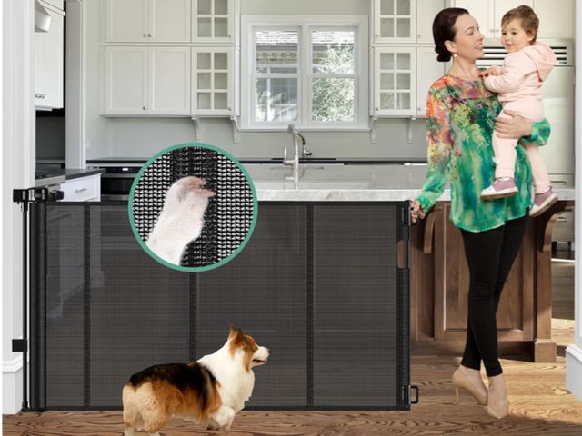 Lot 96-180600 - Reinforced 55" Wide Retractable Baby Gates with Upgraded Rods - Bottom Anti-Escape, Mesh Baby Gate R...