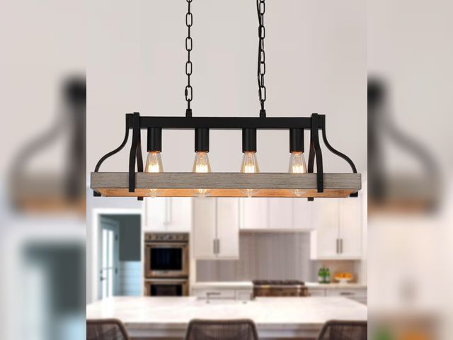 Lot 96-180763 - Dining Room Light Fixture Rectangle Farmhouse Chandeliers Industrial 4-Lights White Birch Black Meta...