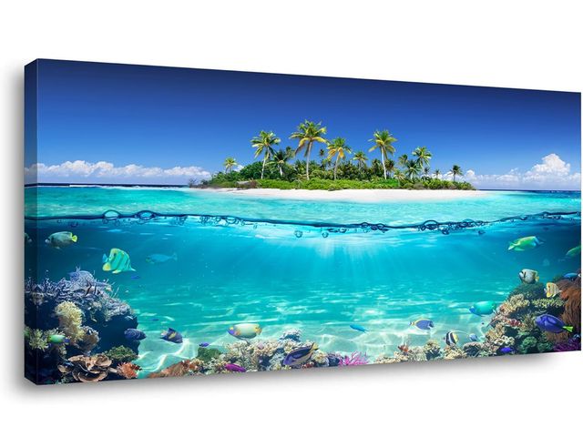 Lot 96-181456 - Tropical Island Coral Reef Landscape Canvas Wall Art for Living Room,Unique View Split Waterline Sce...