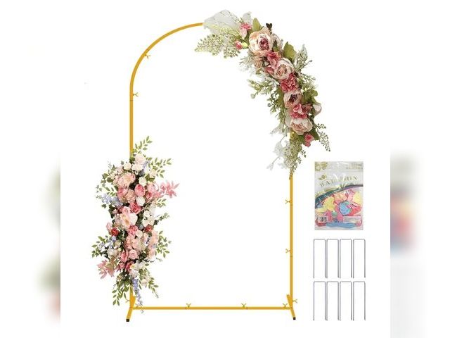 Lot 96-166725 - Dyaus 7.2 FT Metal Arch Backdrop Stand, Gold Wedding Arch Frame, Balloon Arch Stand for Birthday Par...