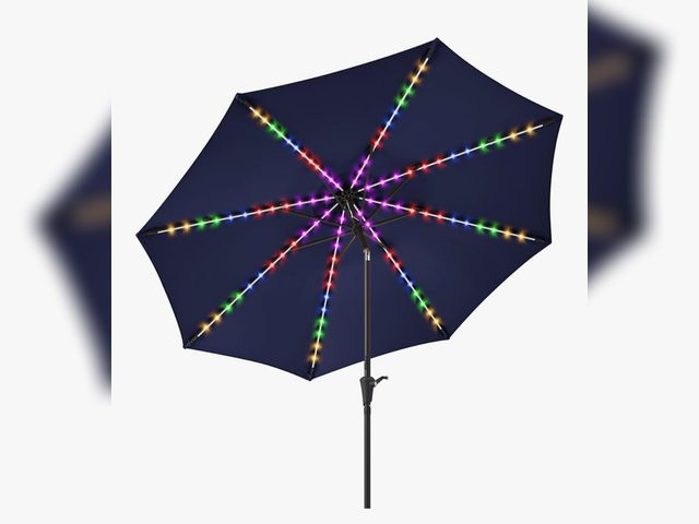 Lot 96-176689 - Outdoor Patio Umbrella with Solar Lights - Small Heavy Duty Beach/Table/Pool/Deck/Market Umbrella, D...