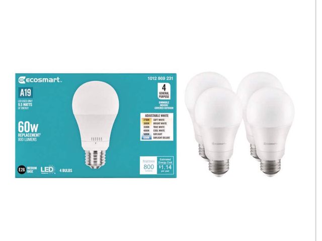 Lot 96-191957 - EcoSmart 60-Watt Equivalent A19
Dimmable LED Light Bulb with Selectable Color Temperature (4-Pack) N...