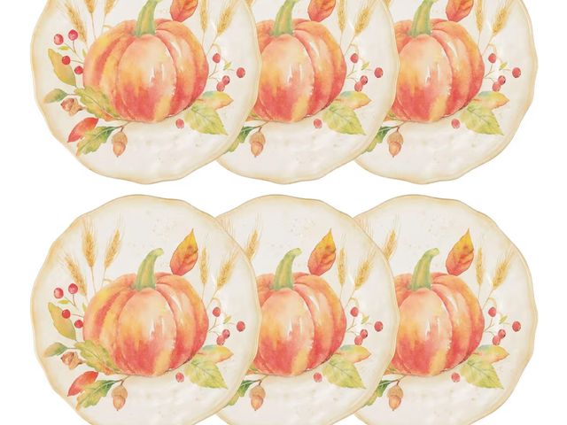 Lot 96-190916 - Unbreakable Melamine Autumn Harvest Plates, 8'' ThanksGiving Fall Salad Plates, Pumpkin Salad/Desser...