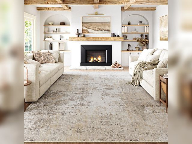 Lot 96-180396 - Appears To Be  Washable Area Rug Beige Grey Abstract Living Room Bedroom Carpet Neutral Modern Non S...