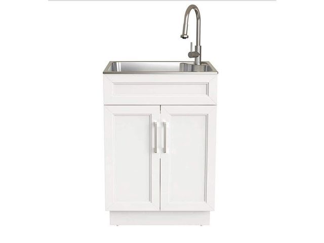 Lot 96-179091 - Glacier Bay 24 in. W x 21 in. D x 51 in. H Drop-In Stainless Steel Laundry Sink with Faucet and Cabi...