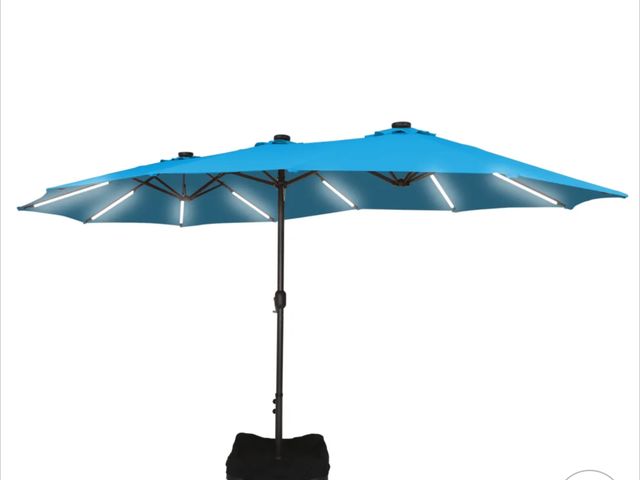 Lot 96-166572 - 15 FT Patio Market Umbrella with Base and Removable Solar LED Strip Lights, UV Sun Protection &amp; ...