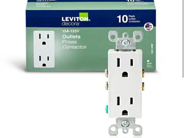 Lot 96-167036 - Leviton 
Decora 15 Amp 125 V Duplex Outlet/Receptacle, White (10-Pack) 5325-WMP new