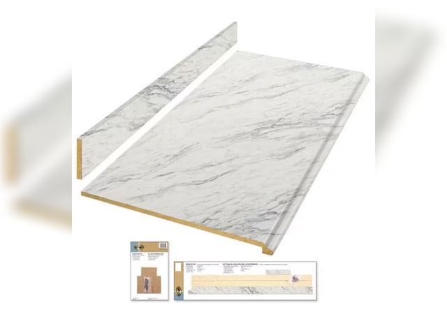 Lot 96-179431 - Hampton Bay 6 ft Straight Laminate Countertop Kit Included in Gloss Calcutta Marble with Full Wrap O...