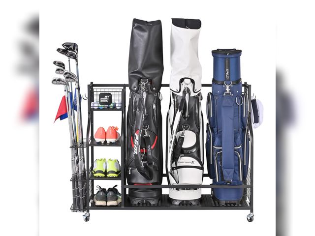 Lot 96-180592 - Mythinglogic Golf Storage Garage Organizer, Golf Bag Storage Stand and Other Golfing Equipment Rack,...