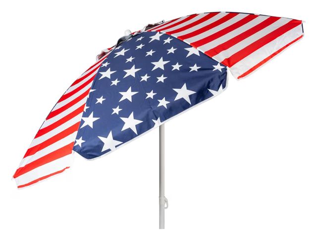 Lot 96-177980 - Tilted American flag print umbrella with carrying bag, missing pole, umbrella only, used