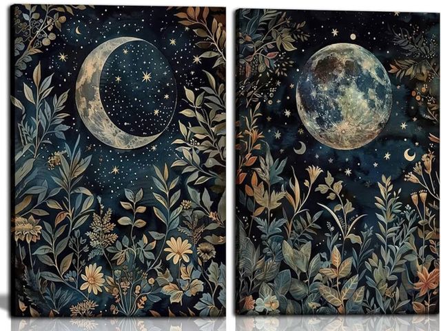 Lot 96-170012 - 2 Pcs Botanical Canvas Wall Art Mystical Starry Night Painting Picture Dark Preppy Poster Print Mood...