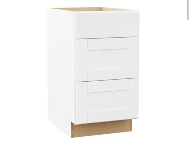 Lot 96-226265 - Hampton Bay Shaker 18 in. W x 24 in. D x 34.5 in. H Assembled 3 Drawer Base Kitchen Cabinet in Satin...