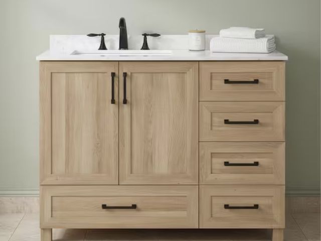 Lot 96-227727 - Glacier Bay Tobana 42 in. Single Sink Freestanding Weathered Tan Bath Vanity with White Engineered M...