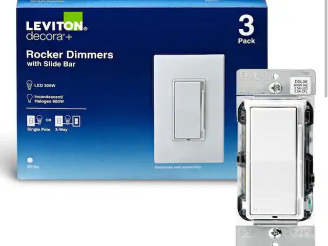 Lot 96-170475 - Leviton 
Decora 600-Watt Single-Pole/3-Way Universal Rocker Slide Dimmer, White (3-Pack) DSL06-3PW N...