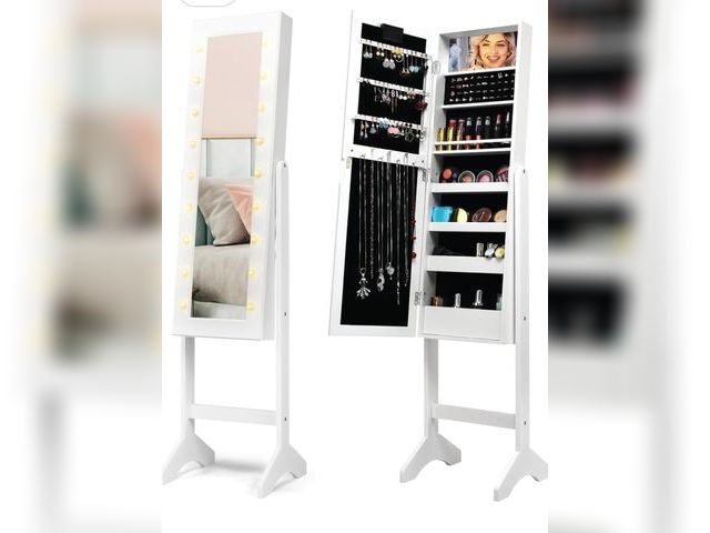 Lot 96-192589 - KOTEK 2-In-1 Mirrored Jewelry Armoire with 18 LED Lights &amp; Inside Makeup Mirror, Free Standing J...