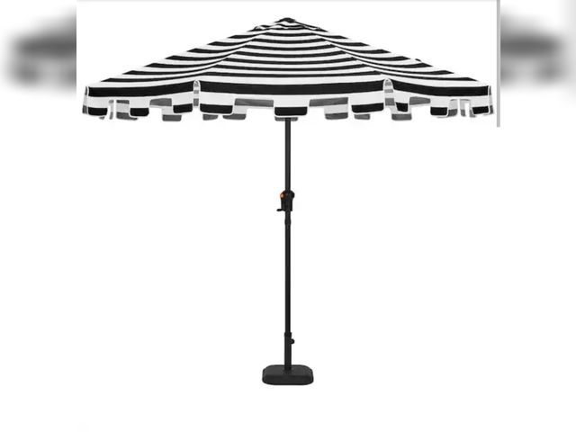 Lot 96-166022 - Hampton Bay 
9 ft. Aluminum Market Crank and Auto Tilt Patio Umbrella in Cabana Black and White Stri...